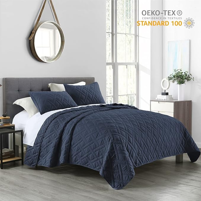 HORIMOTE HOME Quilt Set King Size Navy Blue, Classic Geometric Diamond Stitched - Image 2