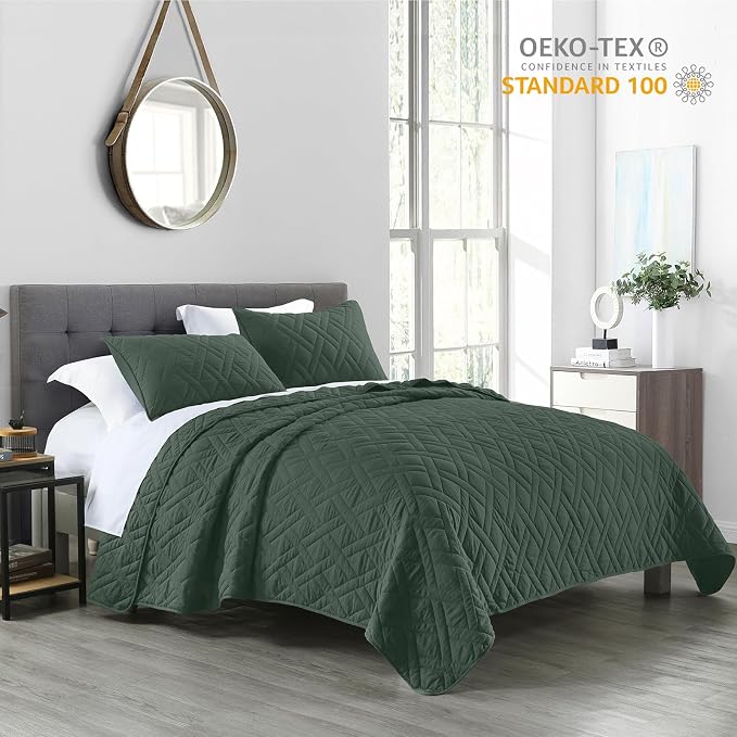 HORIMOTE HOME Quilt Set King Size Dark Green, Classic Geometric Diamond - Image 2