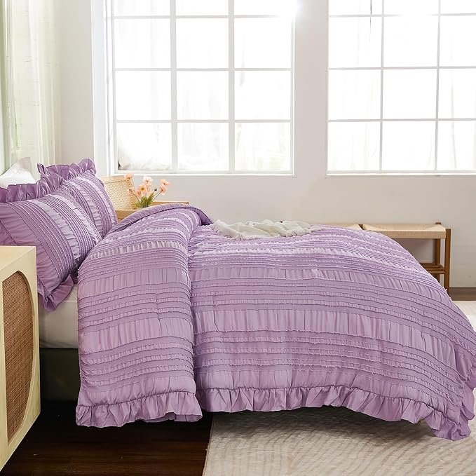 WONGS BEDDING Purple Comforter Set Queen, 3 Pieces Ruffle Farmhouse Shabby Chic - Image 3