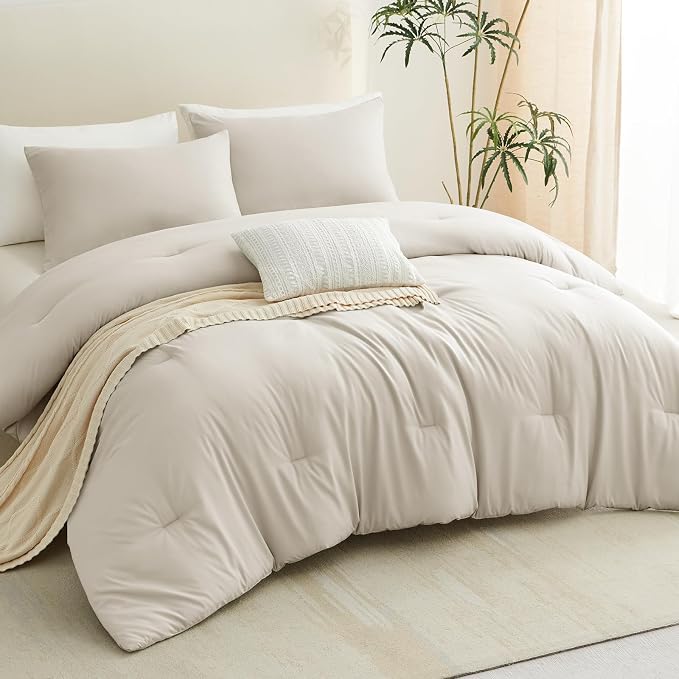 CozyLux Beige King Size Comforter Set, 3 Pieces Solid Breathable Quilted Style - Image 8