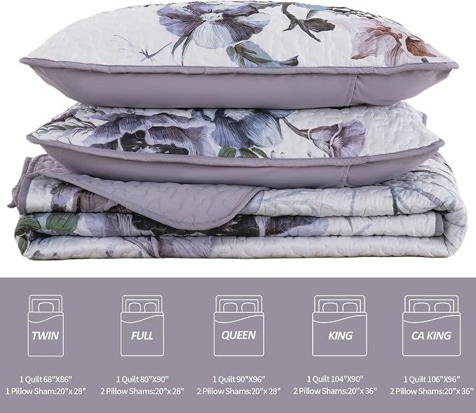3 Pieces Floral Quilt Set Full Purple Flower Pattern Quilt Coverlet Set Soft - Image 5