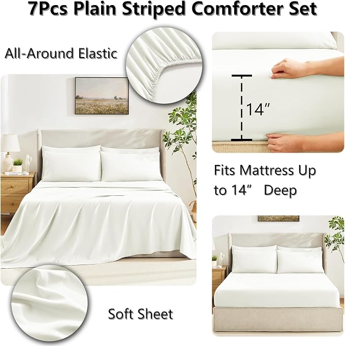 CozyLux King Size Comforter Set Ivory, 7 Pieces Bed in a Bag, Ivory Comforter - Image 5
