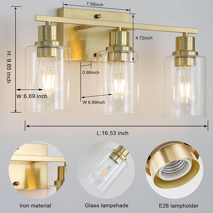 3-Lights Gold Bathroom Light Fixture, Brushed Brass Vanity Light - Image 2
