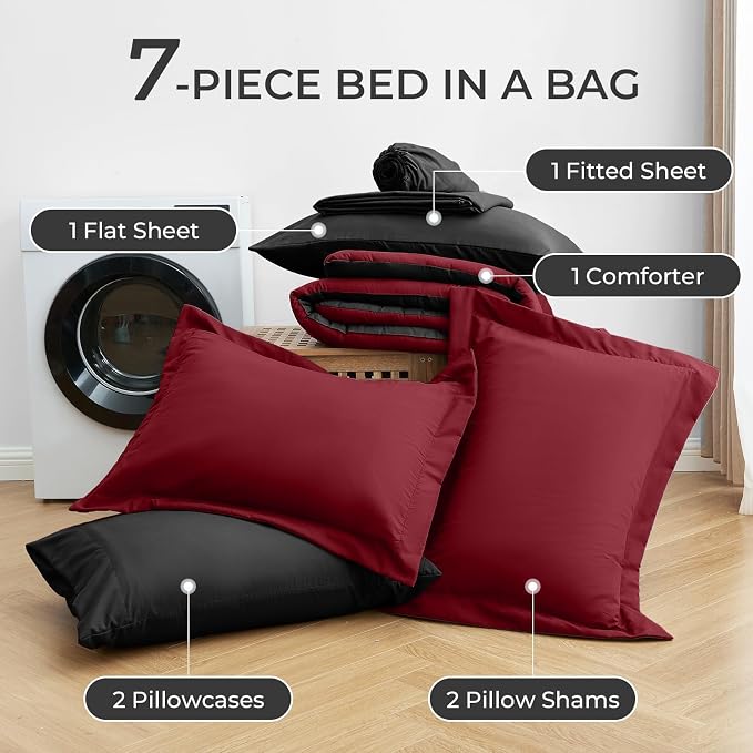 Sasttie Red & Black King Size Comforter Set, 7 Pieces Bed in a Bag King - Image 6