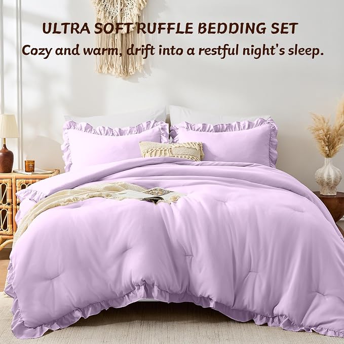 FUANNA King Size Comforter Set Lavender, 3 Pieces Ruffle King Bedding Set - Image 4