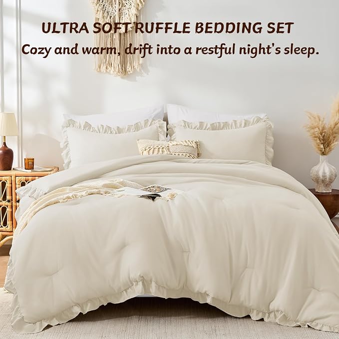 FUANNA King Size Comforter Set Cream White, 3 Pieces Ruffle King Bedding Set - Image 4