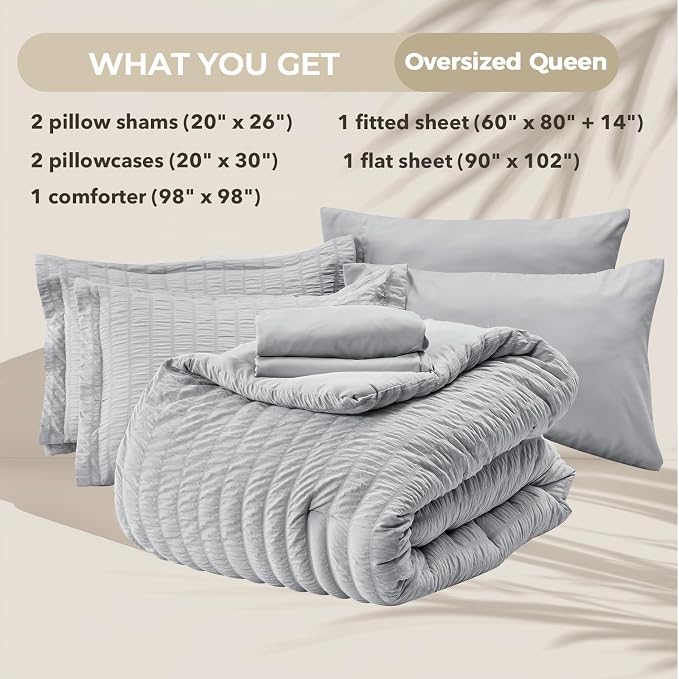 HYMOKEGE Light Grey Oversized Queen Comforter Set Seersucker 7 Pieces, All - Image 5