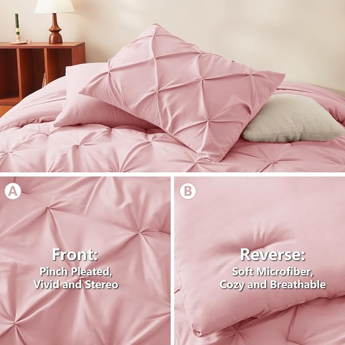 CozyLux Full Size Comforter Sets Pink, 7 Pieces Pintuck Bed in A Bag Pink - Image 3
