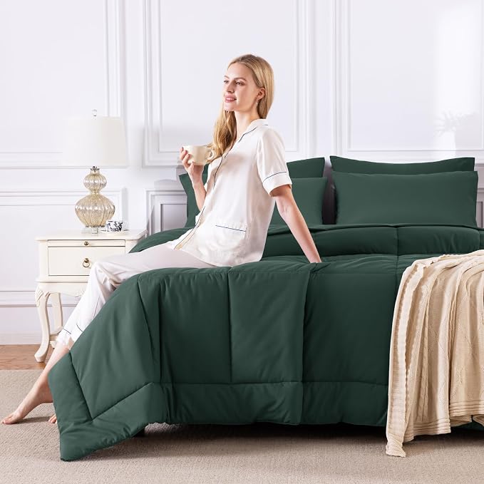 CozyLux Queen Comforter Set Forest Green, 7 Pieces Bed in a Bag, All Season - Image 7