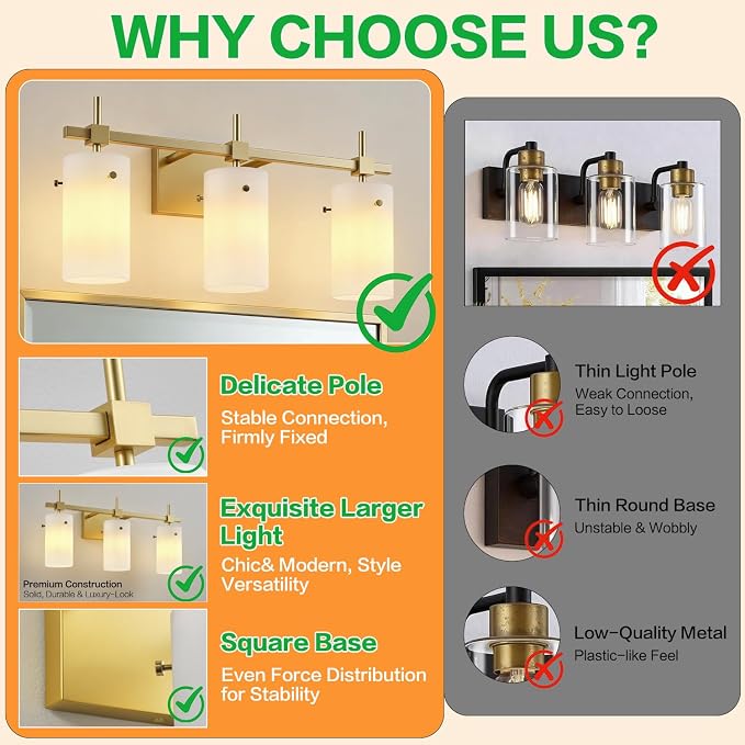 SOLFART 3-Light Bathroom Vanity Light, Modern Brushed Gold Wall Lights - Image 5
