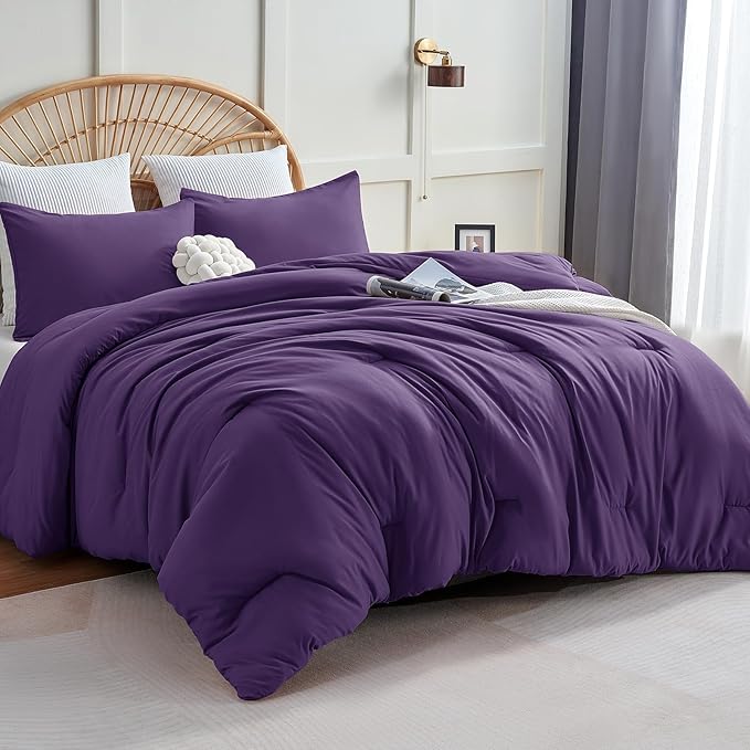 CozyLux Full Size Comforter Set Purple, 3 Pieces Solid Breathable Quilted by CozyLux
