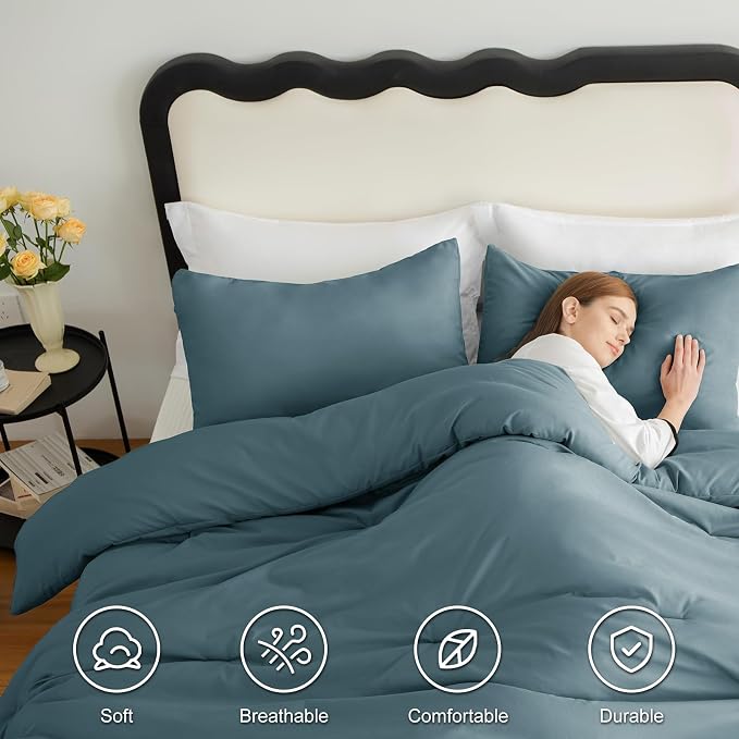 CozyLux Queen Comforter Set Mineral Blue, 3 Pieces Solid Comforters Queen Size - Image 5