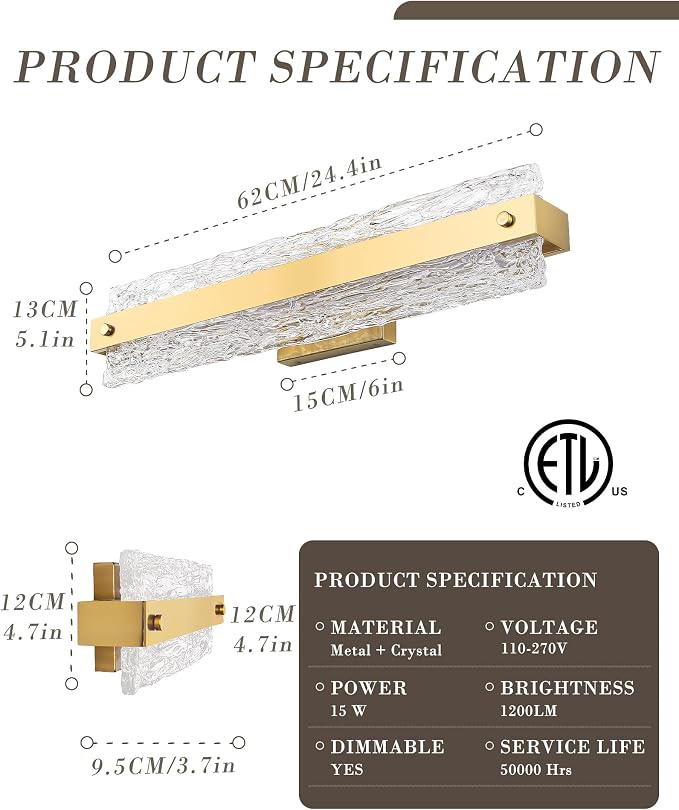Brushed Gold LED Bathroom Vanity Light, 24.4 Inch 15W Modern Dimmable Bathroom - Image 6