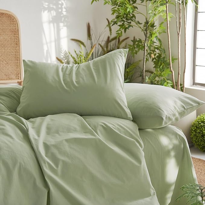 Wake In Cloud - Cotton Duvet Cover Set, Twin Size, Sage Green, 100% Washed - Image 5