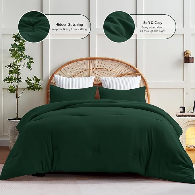 CozyLux Dark Emerald Green Queen Comforter Set, 3 Pieces Solid Breathable - Image 3