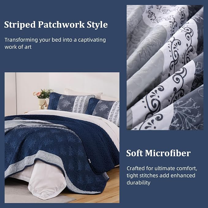 DJY Stripe Quilt Set King Size Navy Blue Bedspread Coverlet Set 3 Pieces Boho - Image 7