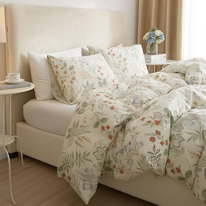 mixinni Floral Duvet Covers King Size Botanical Flower Leaf Printed on White - Image 2