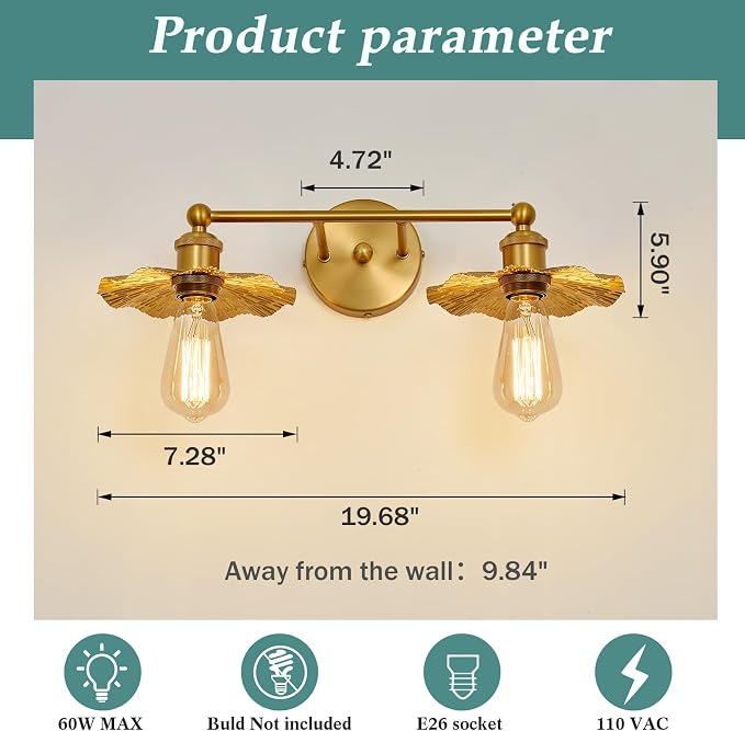 ZGLAOJT 2 Light Vintage Vanity Light Gold Bathroom Light Fixtures Over Mirror. - Image 2