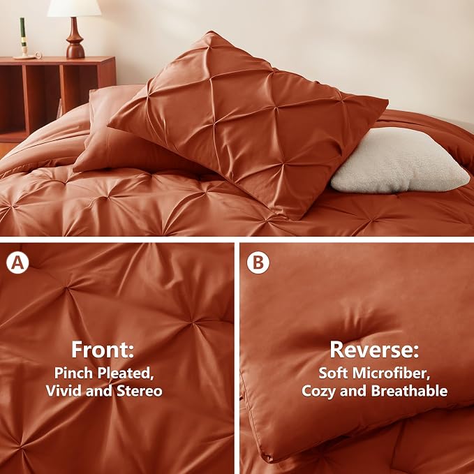 HIMEET Pintuck Bed in a Bag, 7 Pieces King Size Comforter Set Burnt Orange - Image 3