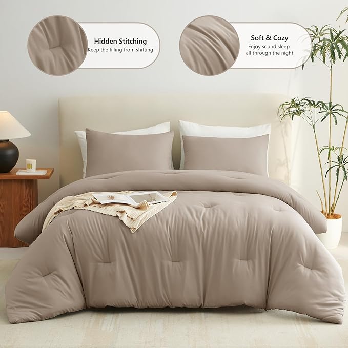 CozyLux Full Size Comforter Set Khaki, 3 Pieces Solid Breathable Quilted - Image 2