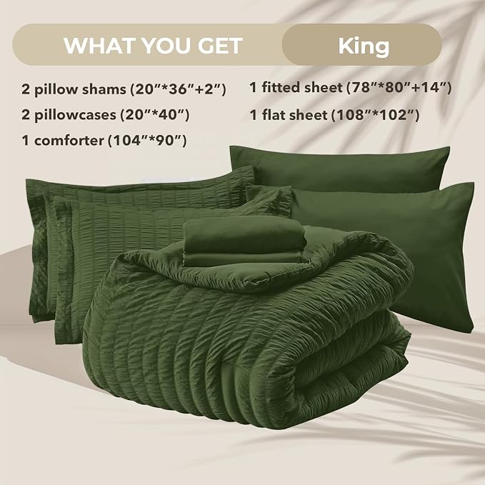 HYMOKEGE Olive Green King Size Comforter Set Seersucker 7 Pieces, All Season - Image 5