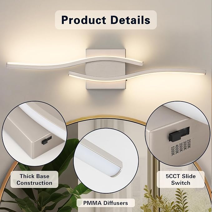 Joossnwell Brushed Nickel Bathroom Vanity Lights Fixtures Over Mirror 5CCT - Image 8