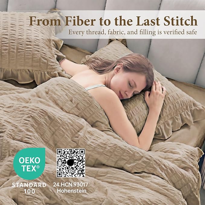 JOLLYVOGUE Twin Size Comforter Set, 2 Pieces Khaki Seersucker Lightweight - Image 5