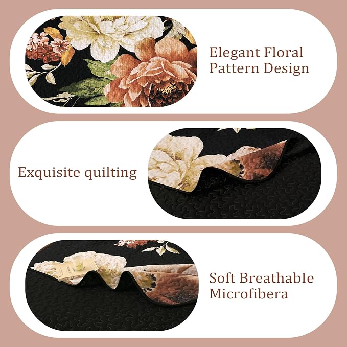 WONGS BEDDING Black Boho Floral Quilt Set Queen, Elegant Gold Flower Bedspread - Image 7