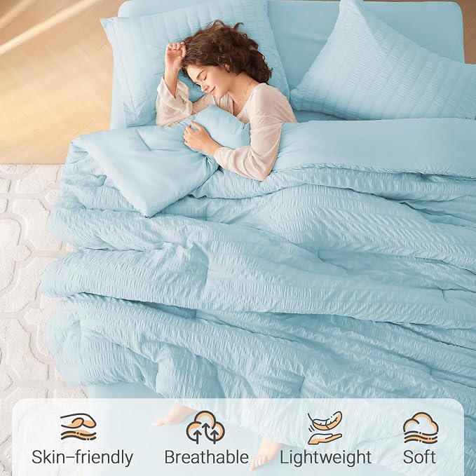 MUXHOMO 7 Pieces Full Comforter Set, Seersucker Bed in a Bag Full Size - Image 2
