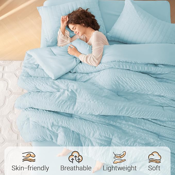 MUXHOMO 7 Pieces Queen Comforter Set, Seersucker Bed in a Bag Queen Size - Image 2