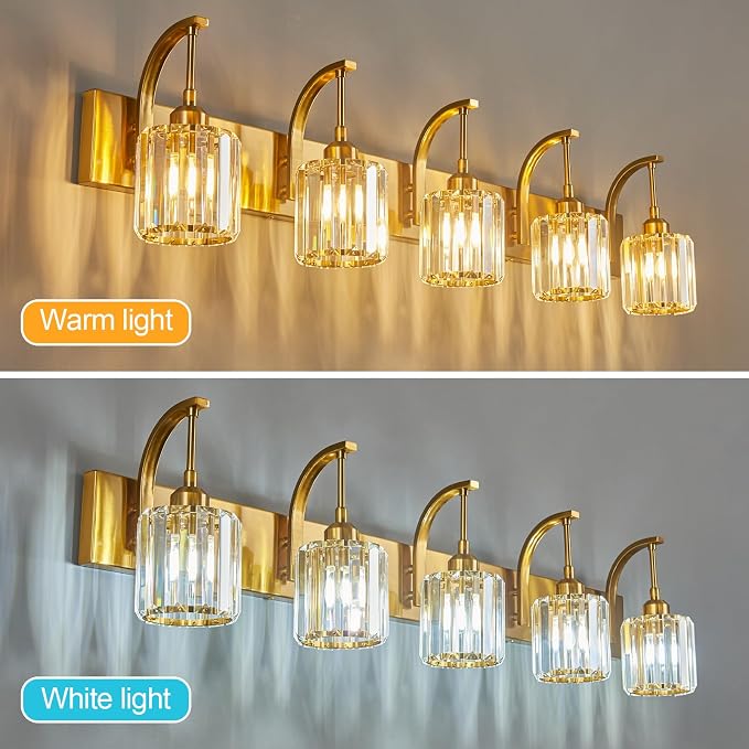 5-Light Crystal Vanity Light, Modern Gold Bathroom Wall Sconce - Image 2