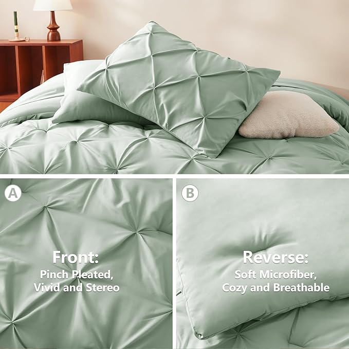CozyLux Full Size Comforter Sets Sage Green, 7 Pieces Pintuck Bed in A Bag - Image 3