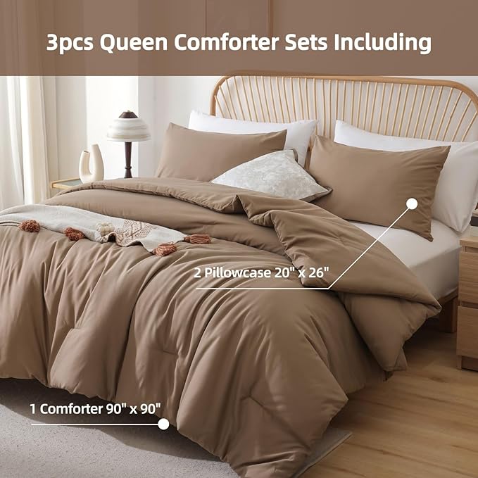 ROSGONIA Queen Comforter Set Dark Khaki Brown - Image 3