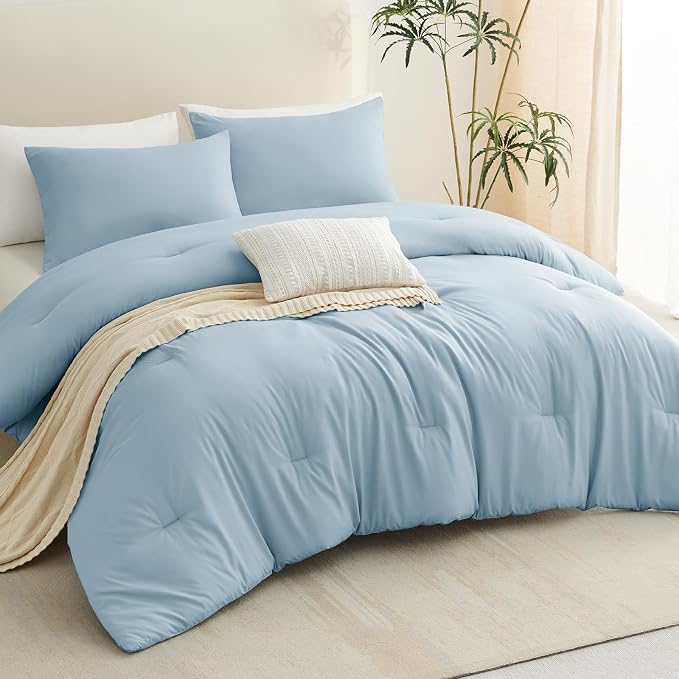 CozyLux Full Size Comforter Set Light Blue, 3 Pieces Solid Breathable Quilted - Image 9
