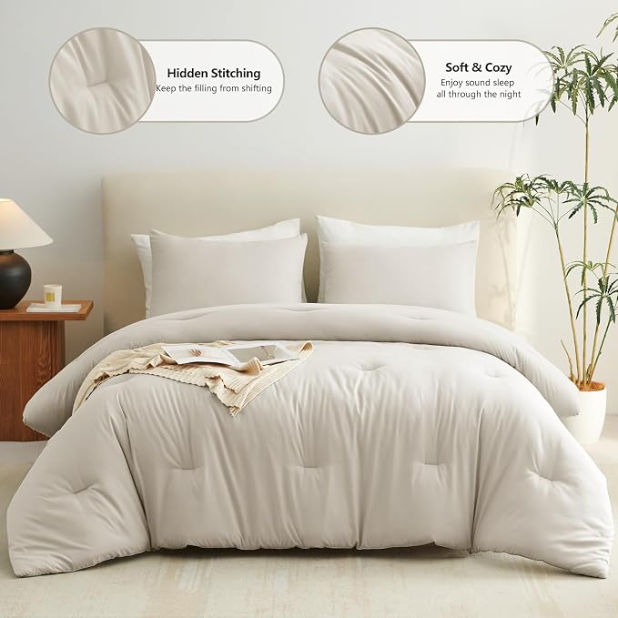 CozyLux Full Size Comforter Set Beige, 3 Pieces Solid Breathable Quilted - Image 2