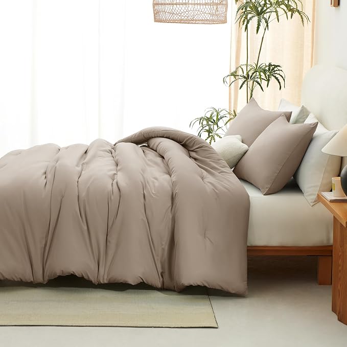 CozyLux King Size Comforter Set Khaki, 3 Pieces Solid Comforters King Size - Image 8