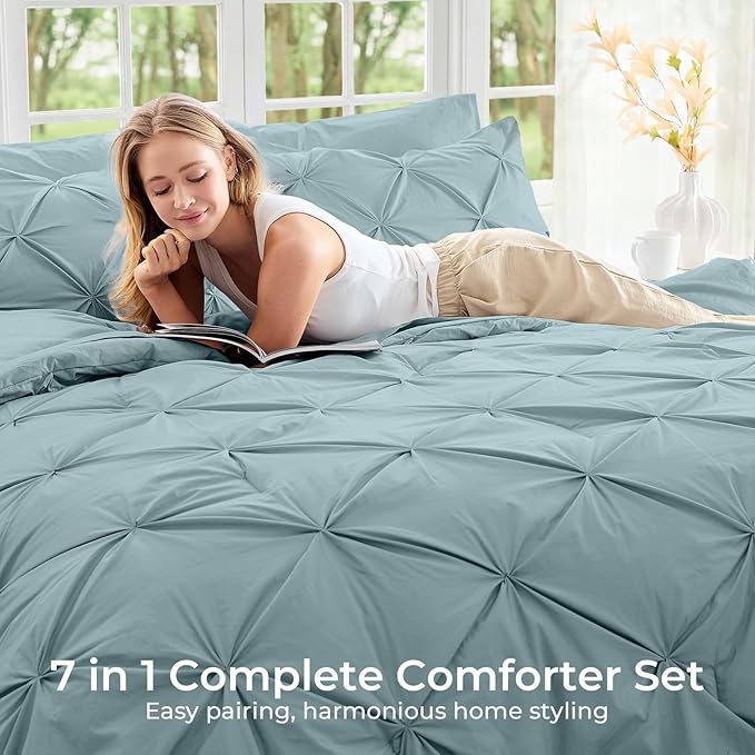 Sasttie King Size Comforter Set, 7-Piece Bed in a Bag, Pintuck Bedding Sets - Image 6