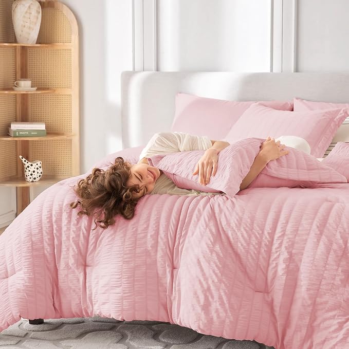 MUXHOMO 7 Pieces King Comforter Set, Seersucker Bed in a Bag King Size - Image 7