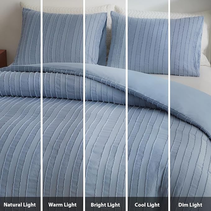 WARMDERN Blue Tufted Duvet Cover Set Queen Size, Striped Textured Duvet Cover - Image 8