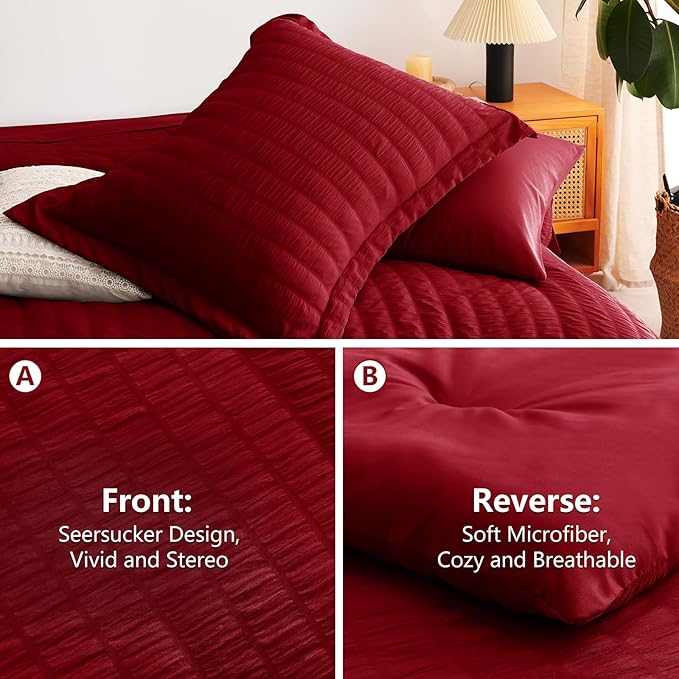 CozyLux Oversized Queen Comforter Set Dark Red Seersucker 7 Pieces 98x98 Bed in - Image 4