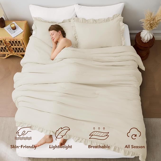 FUANNA King Size Comforter Set Cream White, 3 Pieces Ruffle King Bedding Set - Image 3