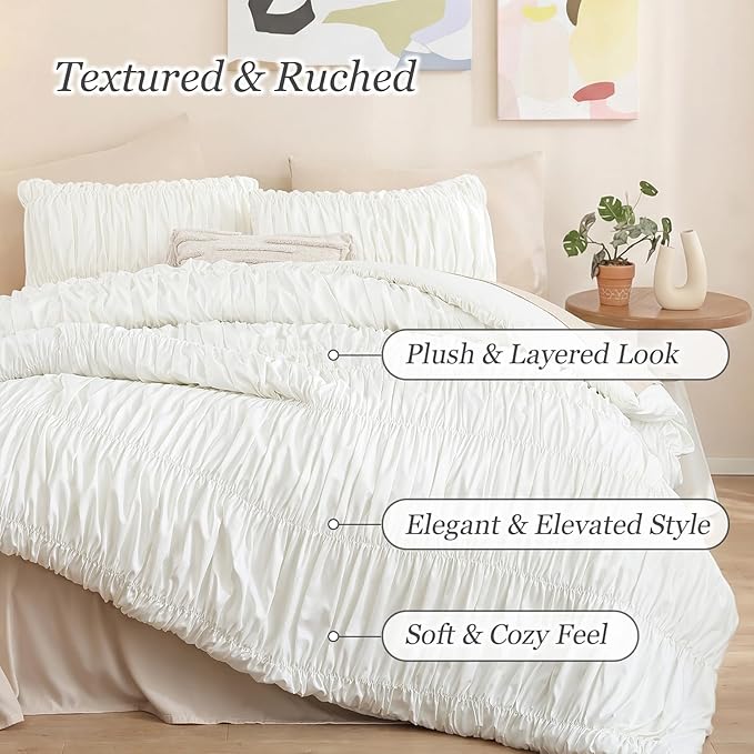 weigelia Cream Comforter Set Full – Textured Ruched Cream Ivory Full Comforter - Image 2