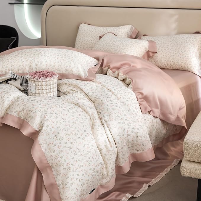 mixinni Pink White Floral Duvet Cover Twin XL Size Green Leaves Cute Flower - Image 4