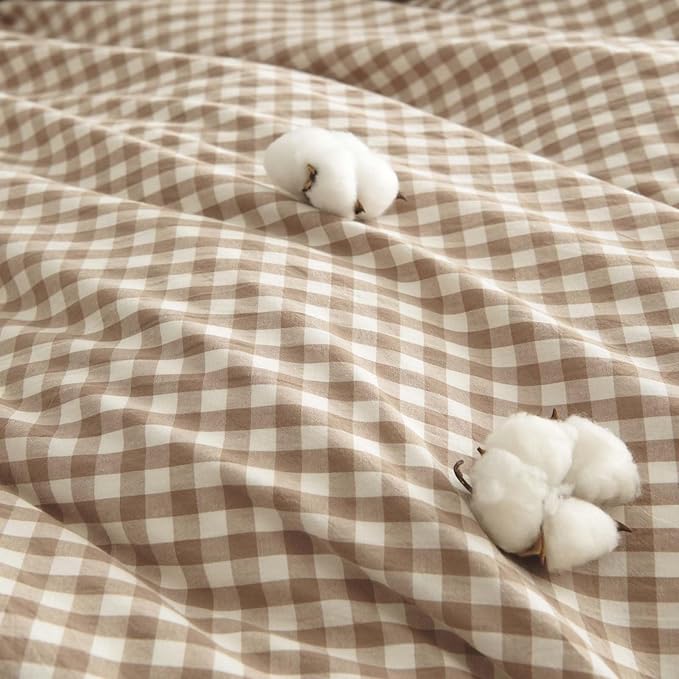 Nayoroom Gingham Duvet Cover King Size 100% Washed Cotton Brown Tan Plaid - Image 5