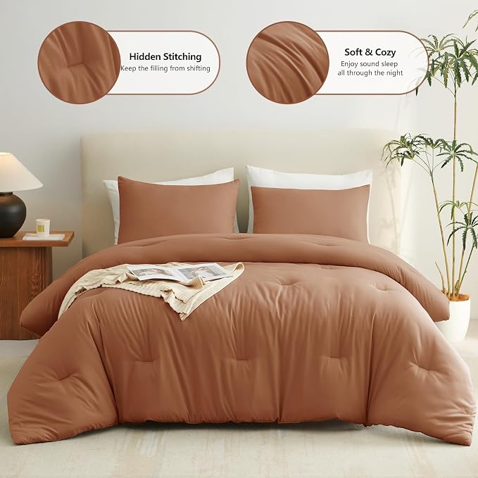 CozyLux Full Size Comforter Set Pumpkin, 3 Pieces Solid Breathable Quilted - Image 2