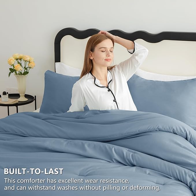 CozyLux Oversized Queen Comforter Set Grayish Blue, 3 Pieces 98x98 Solid - Image 3