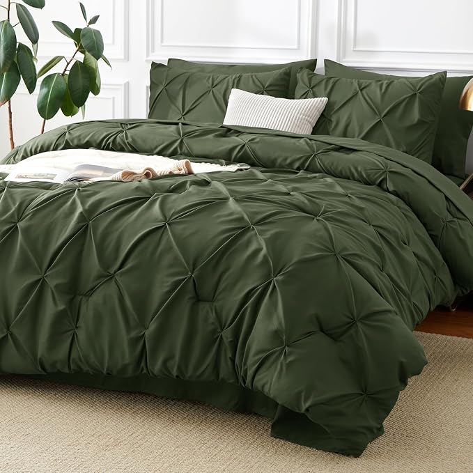 CozyLux Full Size Comforter Sets Olive Green, 7 Pieces Pintuck Bed in A Bag by CozyLux