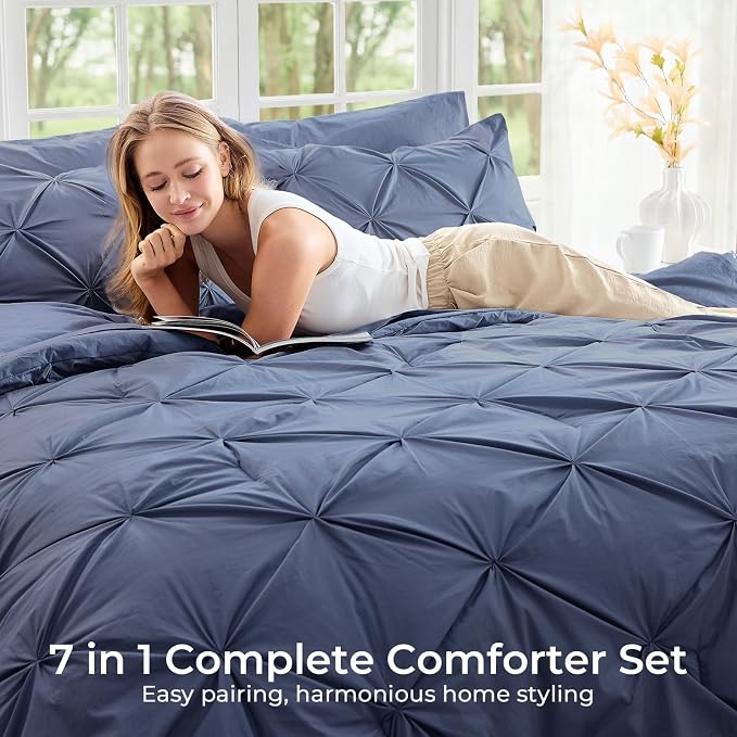 Sasttie King Size Comforter Set, 7-Piece Bed in a Bag, Pintuck Bedding Set - Image 6