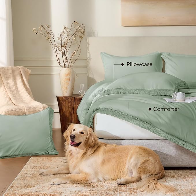 Andency Queen Comforter Set Sage Green, 3 Pieces Boho Tassel Lightweight - Image 5