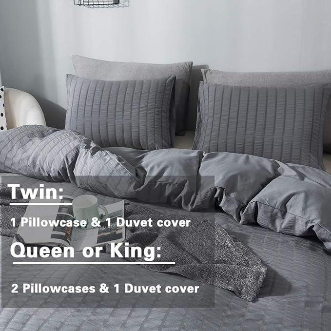 AveLom Seersucker Duvet Cover Set Full Size, 3 Pieces, Dark Gray Ultra Soft - Image 6